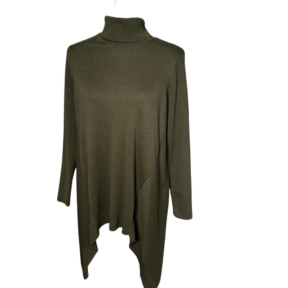 Chicos Sweater 1 Medium Olive Green Turtleneck Asymmetrical Featherweight Tunic